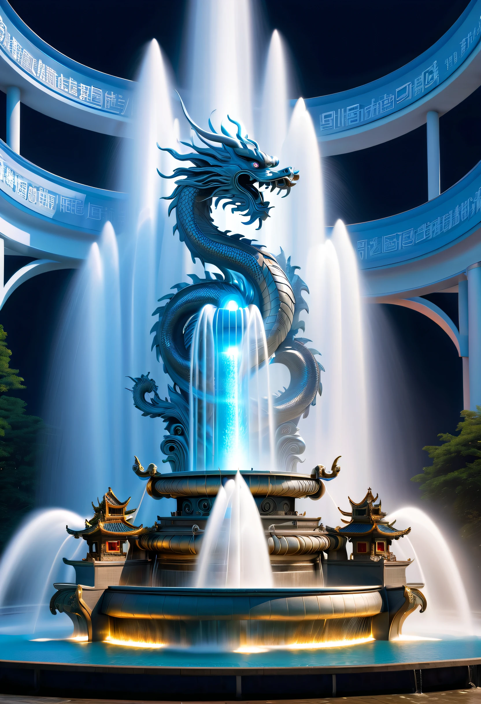 Spectacular futuristic sci-fi fountain。Fountain erupts from steam engine,Shining with a silver-white light.There is a Chinese dragon flying in this water column,and emits a slight blue light,Make the entire fountain look mysterious and high-tech。 The shape of the water column in the fountain is also very futuristic..,It is not a traditional water column,instead, It consists of a virtual energy field