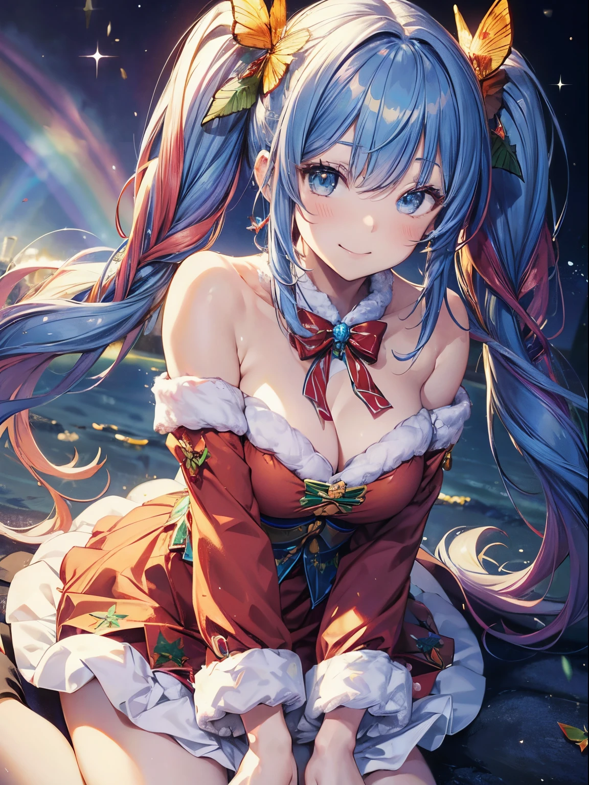Christmas tree、present、Santa Cosplay、Yuki、Christmas tree、(masutepiece:1.3), (8K, Photorealistic, Raw photo, Best Quality: 1.4), Beautiful face, (Realistic face), Beautiful detailed eyes, (Realistic skin), Attractive, Intricate details,Golden ratio, 1 girl,Naughty smile, (rainbow hair:1.4),((Long twintails,Ribbon 1.4)),Santa Cosplay(Blue Butterfly Hair Ornament 1.3)Dynamic Pose,Dynamic Angle,Intricate details, Hyper realistic、A smile、Smiling、Strong face、the morning sun、Luz Divina、Deities、Heaven、rainbows