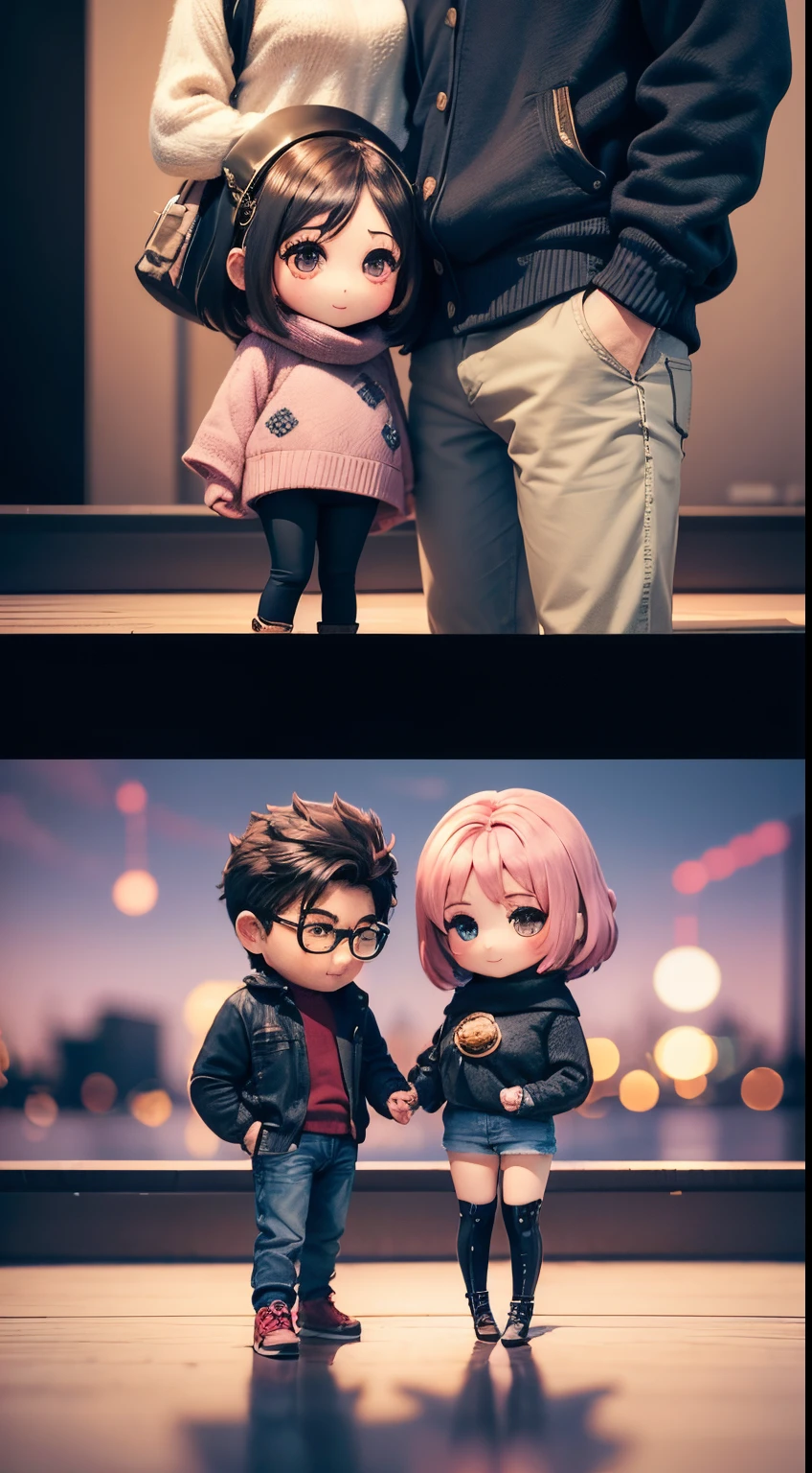 ​masterpiece、top-quality、ultra-detailliert、(chibi character couple:1.27)、a man and a girl、Matching knitwear and matching jeans、stare at each other、Smiling and looking at each other、Full-body standing figure、The background is a scrambled intersection