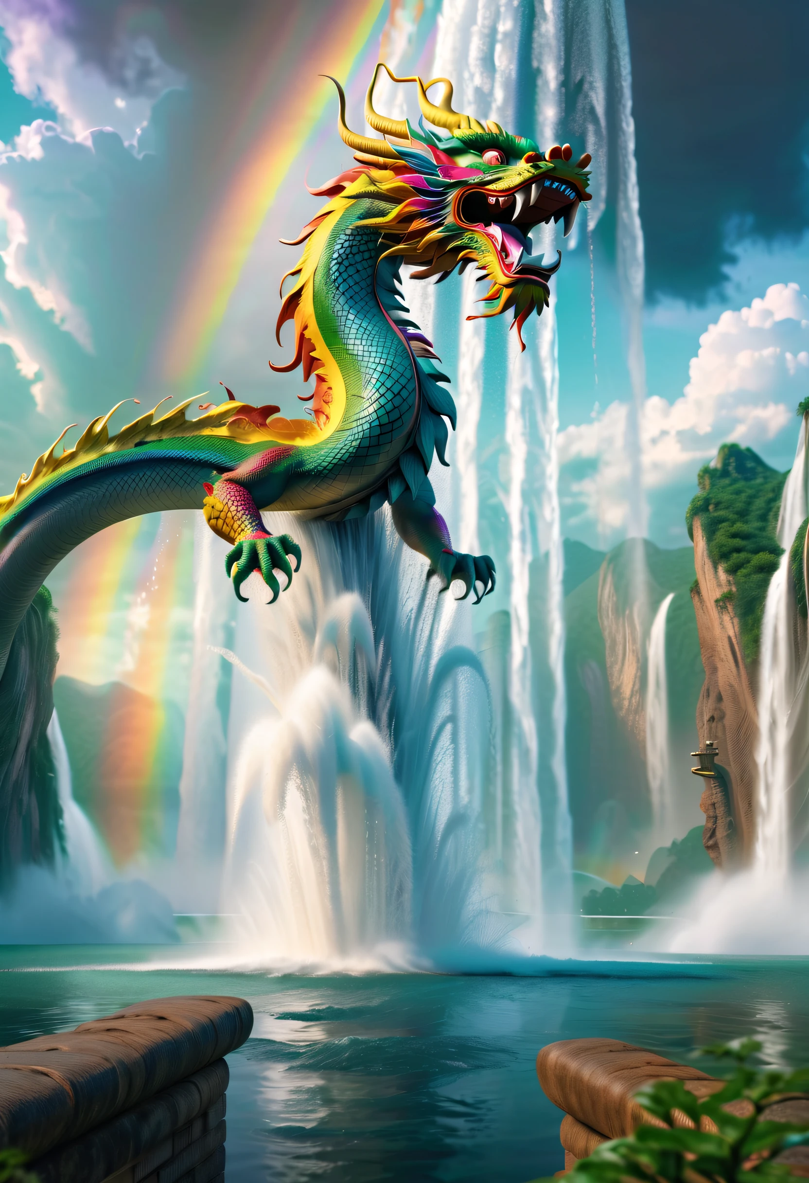 tmasterpiece，UHD resolution，8K，Cinema lenses，Huge water column，Water spurts from the ground，Water column flies towards the rainbow，Chinese dragon flying around the water column，The magical power of nature，Epic surrealism，epic nature dream，Epic natural fountain fantasy，epic mythology fantasy