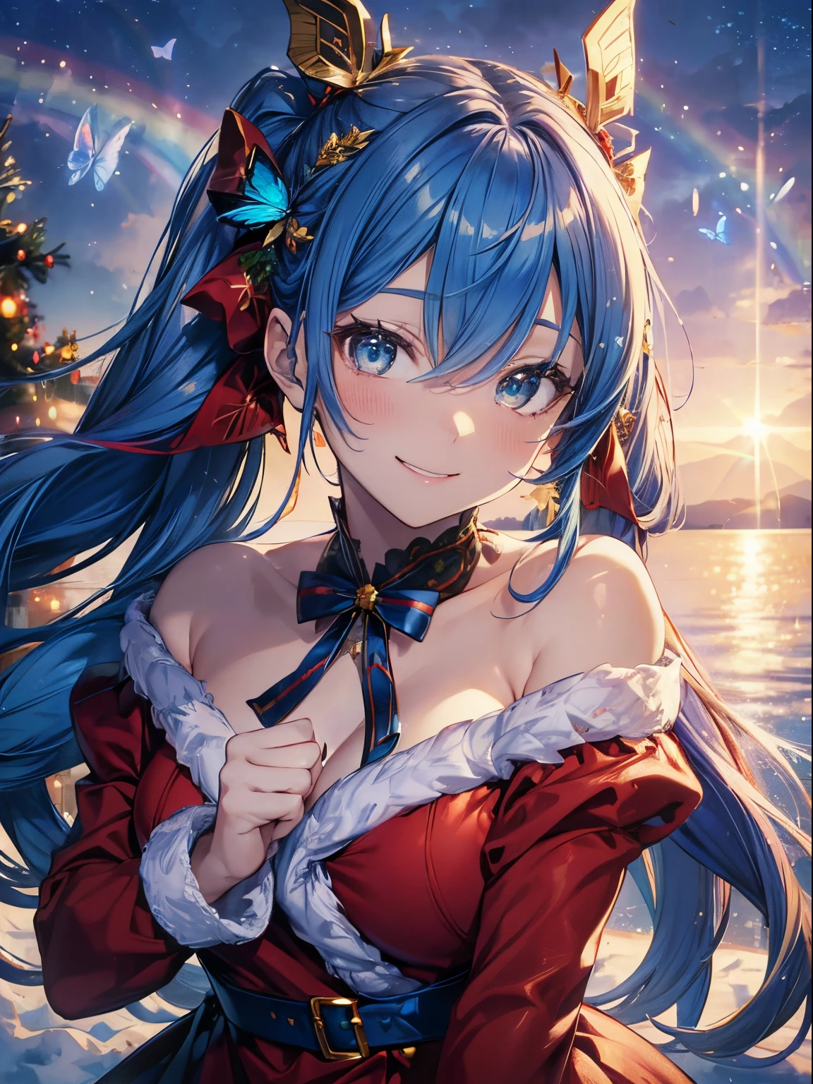Christmas tree、present、Santa Cosplay、Yuki、Christmas tree、(masutepiece:1.3), (8K, Photorealistic, Raw photo, Best Quality: 1.4), Beautiful face, (Realistic face), Beautiful detailed eyes, (Realistic skin), Attractive, Intricate details,Golden ratio,  1 girl,Naughty smile, (rainbow hair:1.4),((Long twintails,Ribbon 1.4)),Santa Cosplay(Blue Butterfly Hair Ornament 1.3)Dynamic Pose,Dynamic Angle,Intricate details, Hyper realistic、A smile、Smiling、Strong face、the morning sun、Luz Divina、Deities、Heaven、rainbows