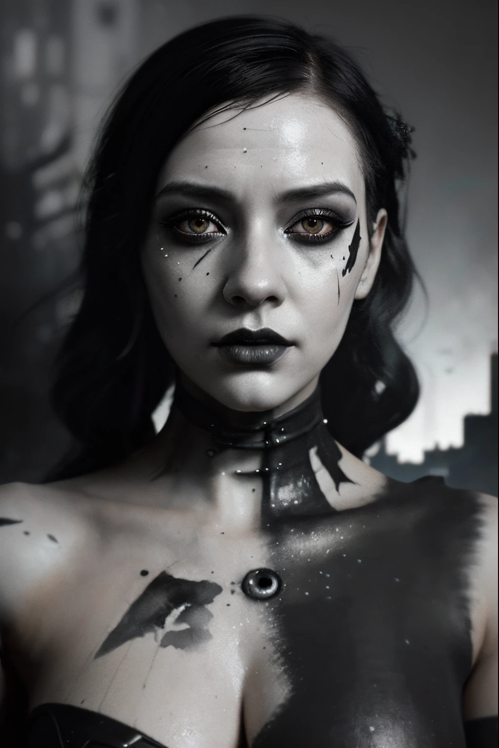 a digital painting of a woman with black and white makeup, cyberpunk art by Anna Dittmann, cgsociety, gothic art, dystopian art, detailed painting, behance hd, deep photography, Ilford HP5 film, crushed blacks, depth of field, dark photo, film grain, shadows, natural light