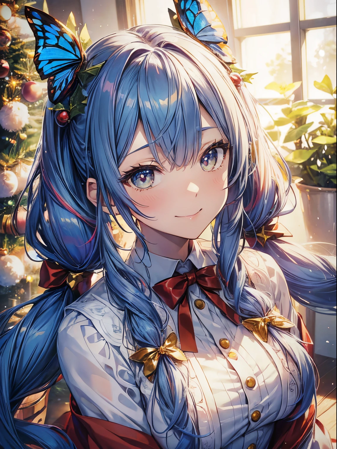 Christmas tree、present、Santa Cosplay、Yuki、Christmas tree、(masutepiece:1.3), (8K, Photorealistic, Raw photo, Best Quality: 1.4), Beautiful face, (Realistic face), Beautiful detailed eyes, (Realistic skin), Attractive, Intricate details,Golden ratio, 1 girl,Naughty smile, (rainbow hair:1.4),((Long twintails,Ribbon 1.4)),Santa Cosplay(Blue Butterfly Hair Ornament 1.3)Dynamic Pose,Dynamic Angle,Intricate details, Hyper realistic、A smile、Smiling、Strong face、the morning sun、Luz Divina、Deities、Heaven、rainbows