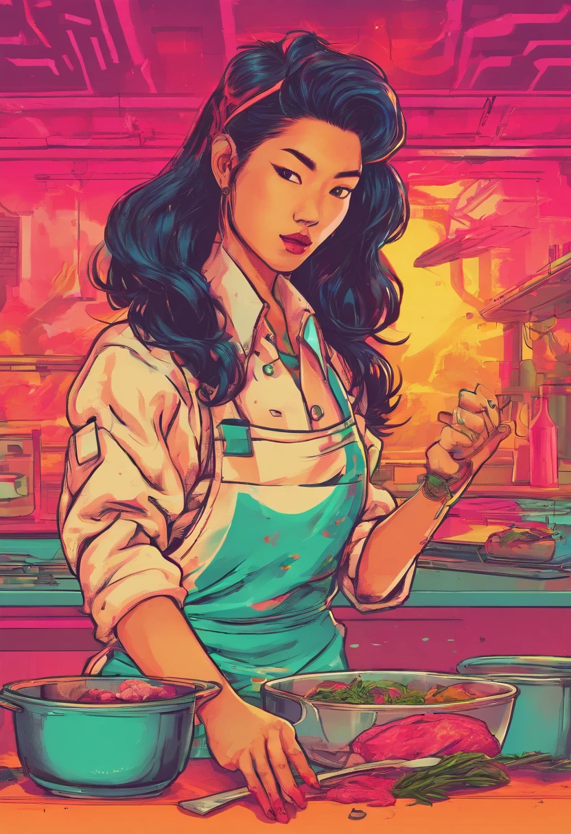 a young asian girl working as a chef butchering an imaginary cow