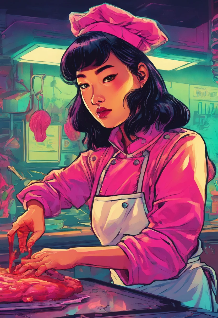a young asian girl working as a chef butchering an imaginary cow
