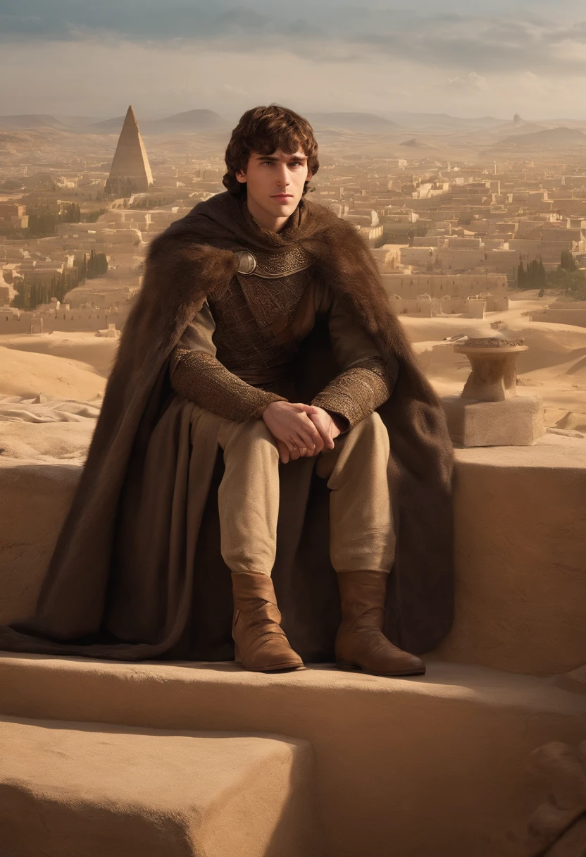 The image is of Bran sitting at the top of the Great Pyramid of Meereen, overlooking the bustling city and the expansive lands beyond.,A Song of Ice and Fire series,Bran Stark, a central character in “Game of Thrones,” initially appears as a young boy with a curious and adventurous spirit, featuring tousled hair and the traditional Stark attire of the North. After his fall and subsequent paralysis, his physical appearance becomes more subdued, reflecting the seriousness of his journey and transformation.