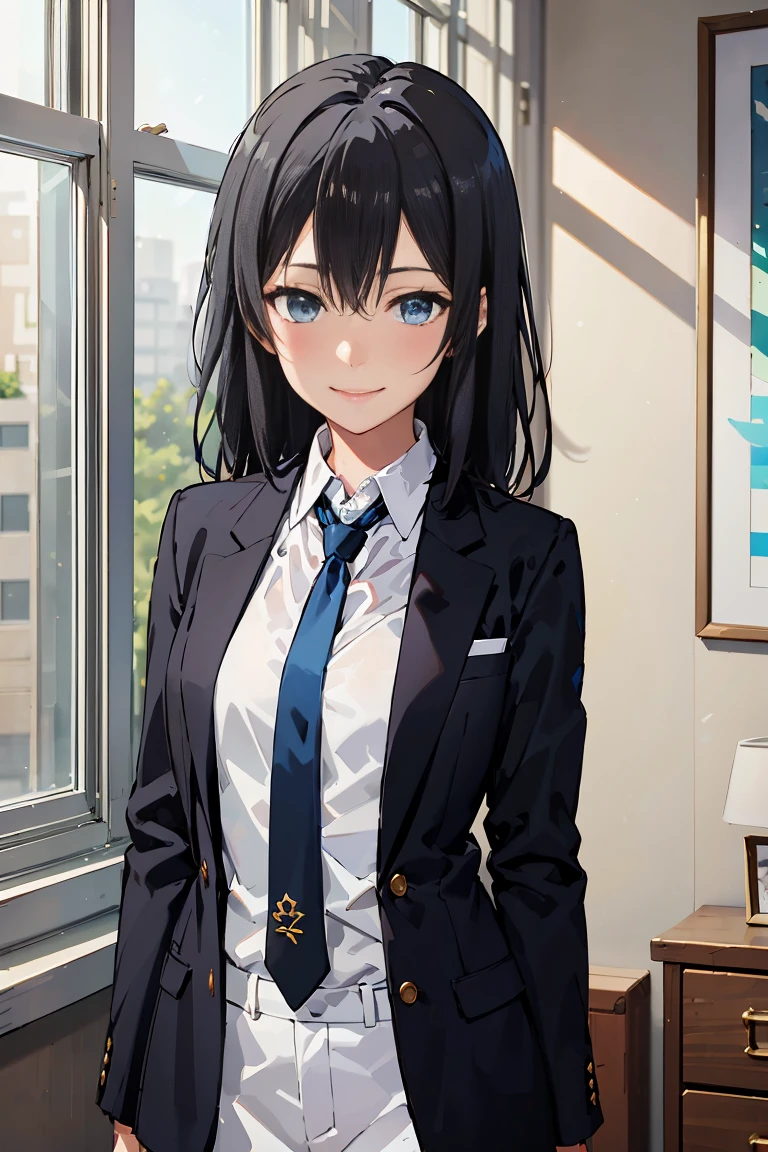 Yukinoshita Yukino wears a tuxedo coat, 1girl, Snafu anime, Female Butler, Elegant blue evening tie, collared shirt, bloomers, Black tail coat, Detailed background of the room, eyes blue, closed mouth, Smileing, Very sexy girl in suit and tie standing by the window, 1girl, 独奏, necktie, Black hair, eyes blue, long hair, smile, jacket, looking at the scenes, shirt, bloomers, blue necktie, collared shirt, white pants, white shirt, indoors, explosions, long-sleeved, closed mouth, window, black jacket, blush, cowboy shot, ceremonial, Yukinoshita Yukino suit, A woman in a black suit and blue tie is standing next to a windowsill, 1girl, 独奏, necktie, eyes blue, jacket