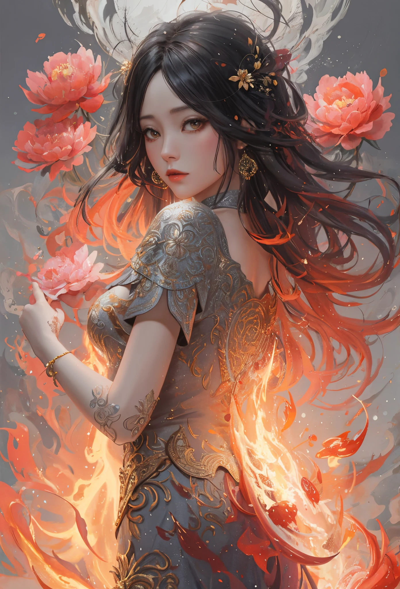 Splash ink art, Close-up of liquid glowing lady made of colors, plata, Red, orange colors, Light yellow, Gray-gold, liquid fire peony flower, filigrees, filigree details, rotation fire, Color drops, Color waves, rays of moonlight, Color paint splatter style, Super detailed complex detailed, unreal-engine, like a dream, Complicated details, Boot picture, complementary colours, like a dream, concept-art, 8K分辨率, tmasterpiece, oil painted, whack, paint drops, Splash ink art, Fantasyart, concept-art, centered composition,Achieve perfect composition, Located in the center, Complex postures, 复杂