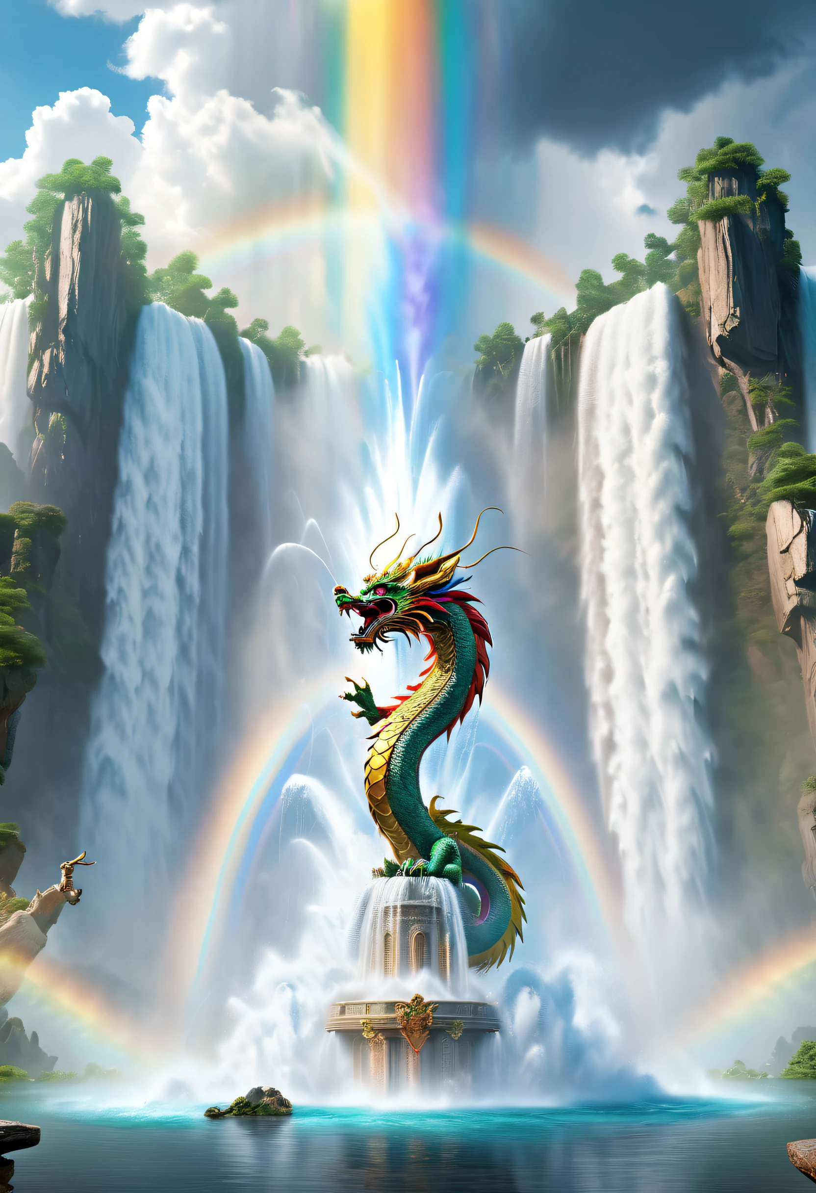 tmasterpiece，UHD resolution，8K，Cinema lenses，Huge water column，Water spurts from the ground，Water column flies towards the rainbow，Chinese dragon flying around the water column，The magical power of nature，Epic surrealism，epic nature dream，Epic natural fountain fantasy，epic mythology fantasy