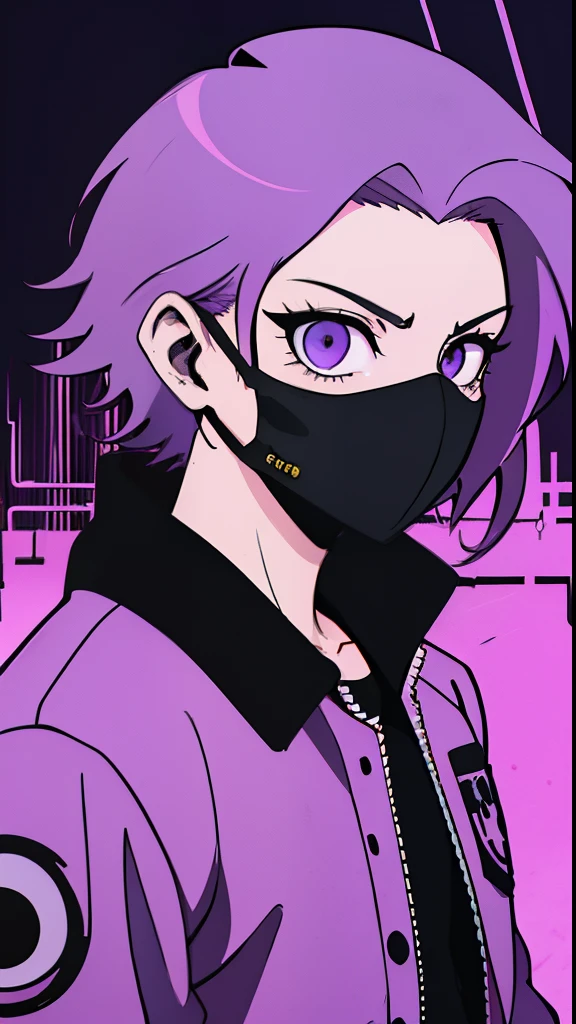 anime character with purple hair wearing a mask and a purple jacket, Anime-style trigger, Persona Art Style, clean artstyle, badass anime 8 k, [ Synthwave art style ]!! ]!!, unknown artstyle, anime style 4 k, digital art from danganronpa, [ Synthwave art style ]!!, epic art style