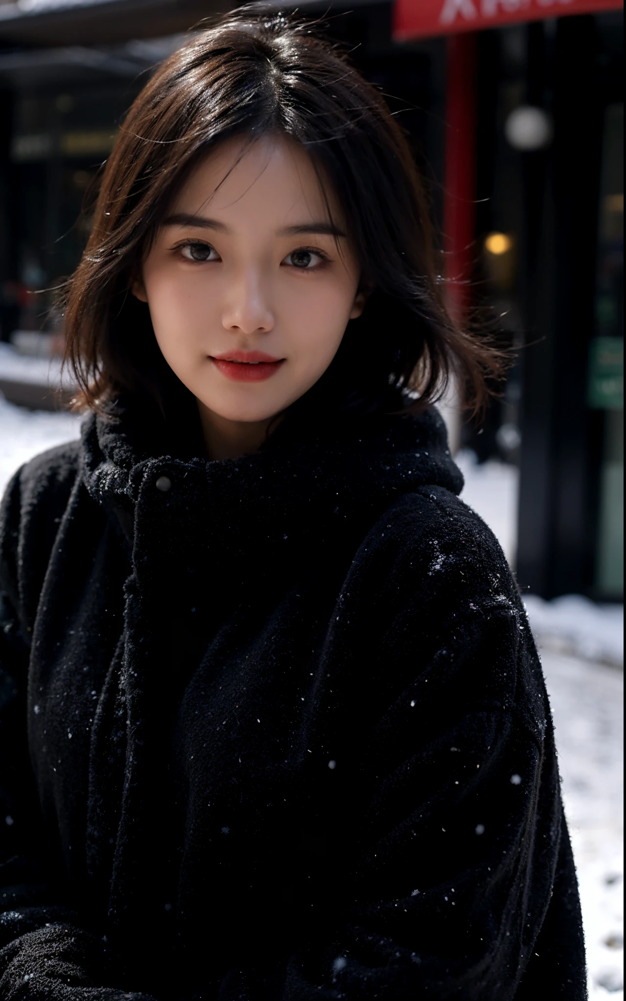 Fair skin, 1 girl，close your mouth and smile，Winters，23-year-old girl，high high quality，looking at the camera in，face to the viewer，snowy days，（Short hair details：1.5），（with a round face：1.5），The streets of London，christmas
