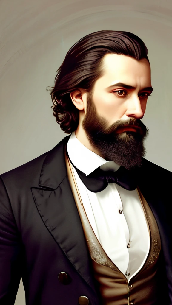 Painting of a man with a beard and a white shirt, inspired by Samuel Hieronymus Grimm, based on Ivan Kramskoy, based on Stanislas Lépine, Portrait of Professor Sinister, victorian vampire, Davis, based on Byron Gálvez, Калеб из Critical Role, based on Jules Robert Auguste, based on Cristaş Gheorgiou
