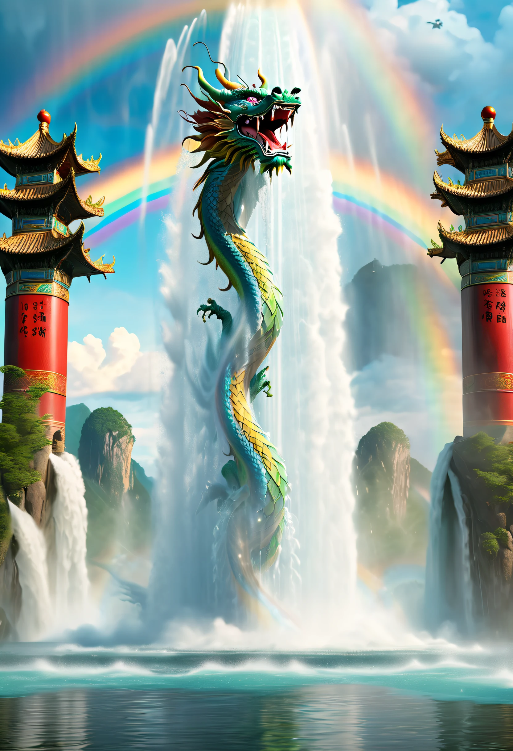 Spectacular futuristic sci-fi fountain。Fountain erupts from steam engine，Sparkling silvery water column.There is a Chinese dragon flying in this water column，and emits a slight blue light，Make the entire fountain look mysterious and high-tech。 The shape of the water column in the fountain is also very futuristic...，Dragon&#39;s mouth spits water
