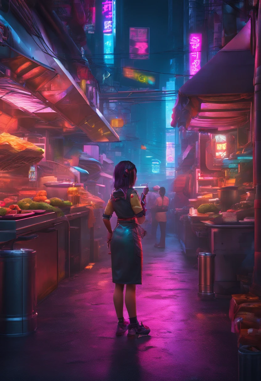 a young asian girl cyborg working as a chef butchering an imaginary cow, dark and gloomy, intricate details, interesting perspective, hdr