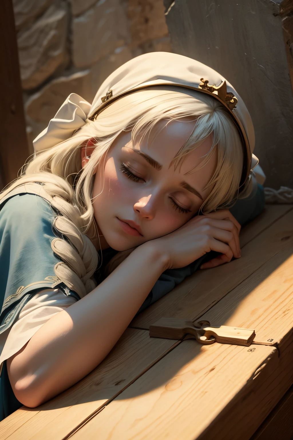 representation of Mary laying her head on the execution block.