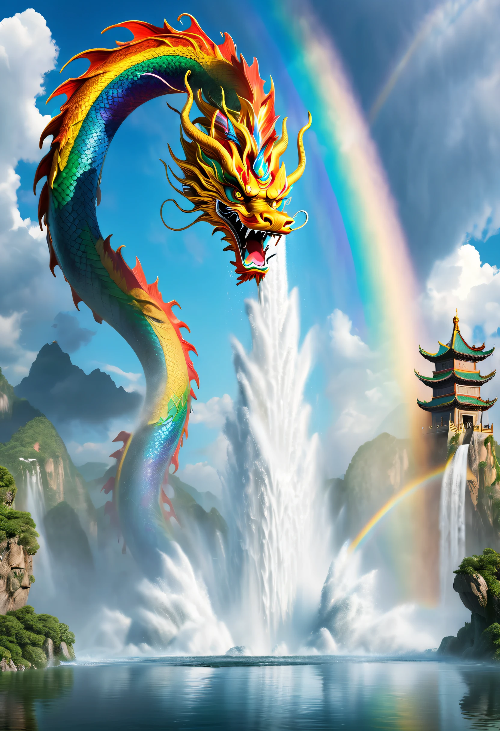tmasterpiece，UHD resolution，8K，Cinema lenses，Huge water column，Water spurts from the ground，Water column flies towards the rainbow，Chinese dragon flying around the water column，The magical power of nature，Epic surrealism，epic nature dream，Epic natural fountain fantasy，epic mythology fantasy