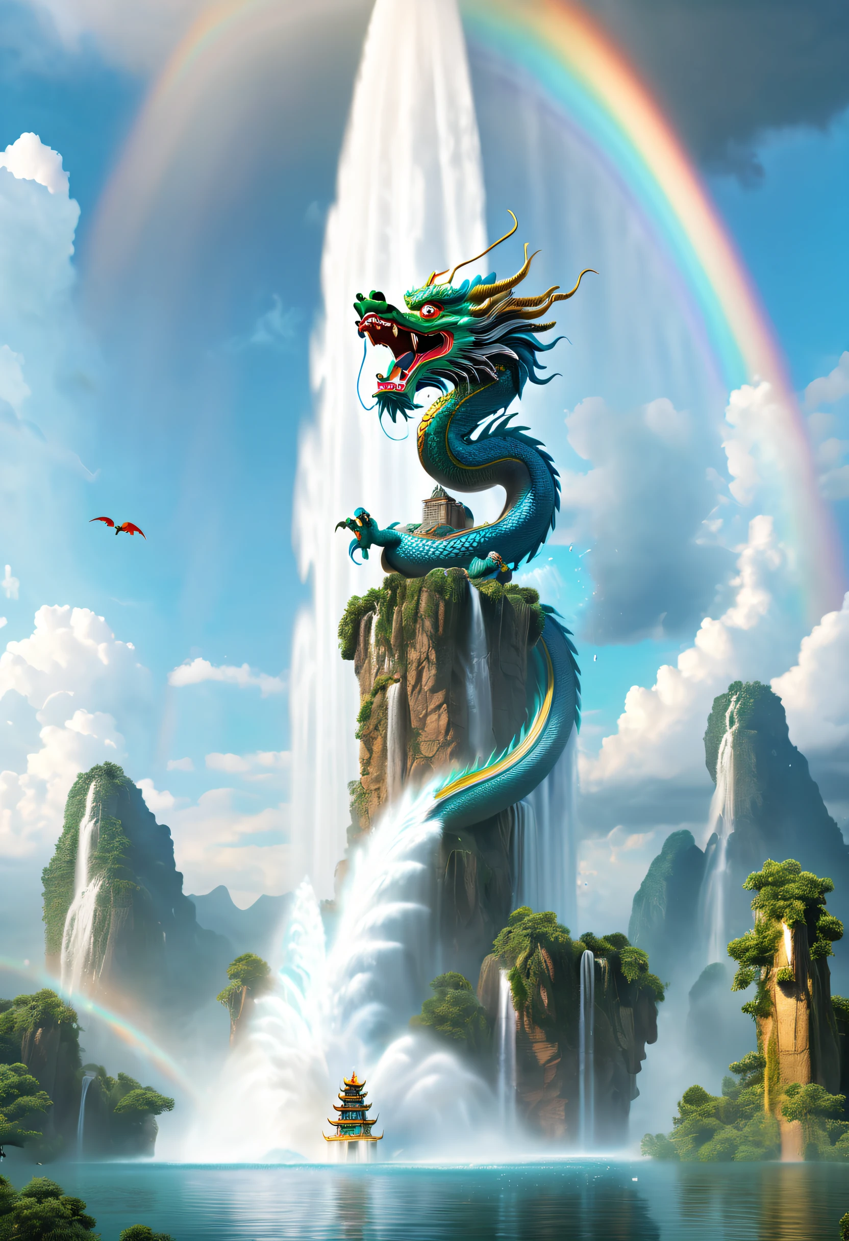 tmasterpiece,UHD resolution,8K,Cinema lenses,Huge water column,Water spurts from the ground,Water column flies towards the rainbow,Chinese dragon flying around the water column,The magical power of nature,Epic surrealism,epic nature dream,Epic natural fountain fantasy,epic mythology fantasy
