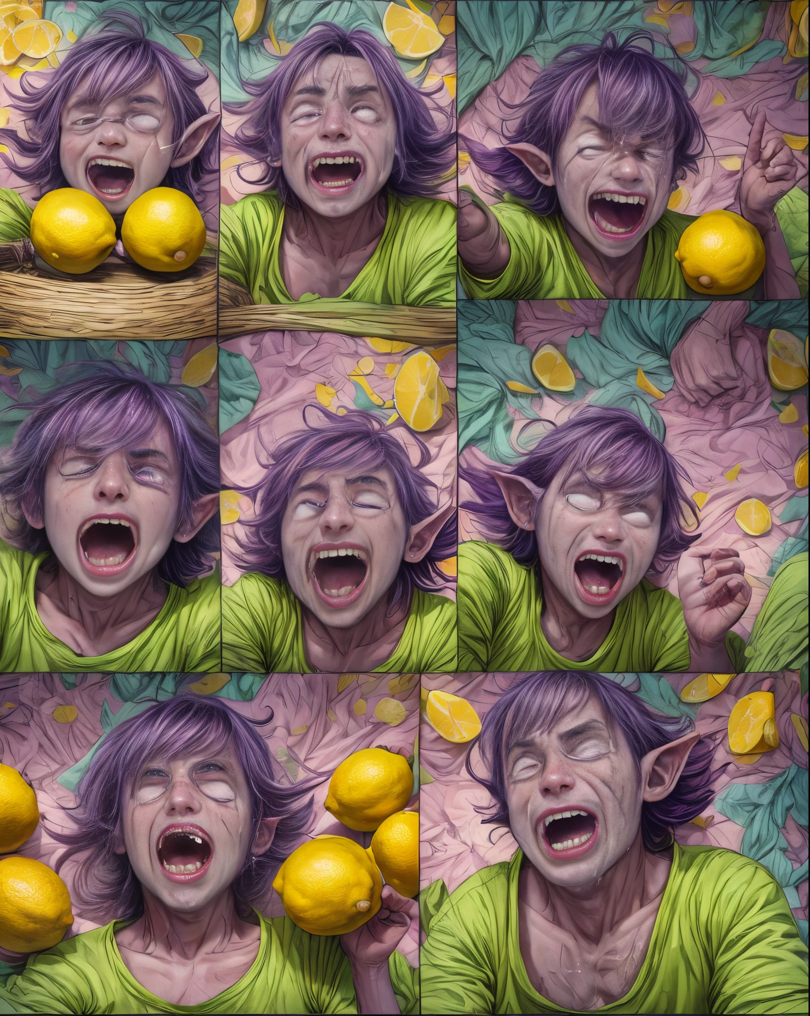 violett troll queezing two lemons in his own eyes, pain, cry, comic. tounge out, side view, open mouth, colorful --auto --s2