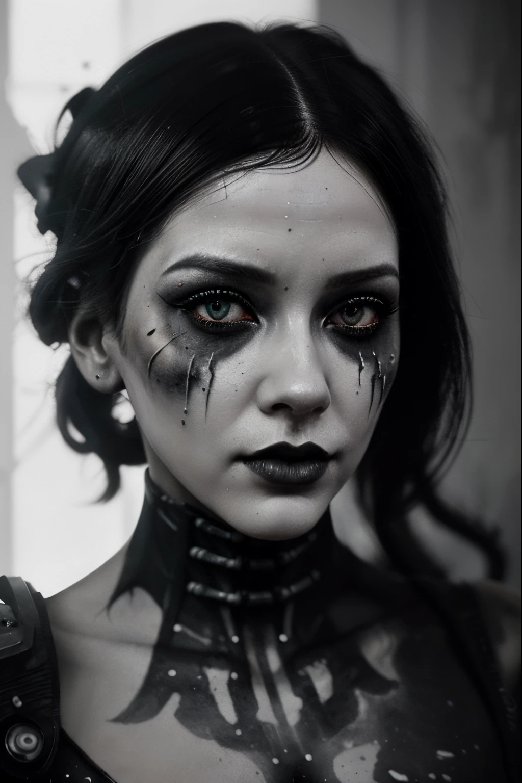 a digital painting of a woman with black and white makeup, cyberpunk art by Anna Dittmann, cgsociety, gothic art, dystopian art, detailed painting, behance hd, deep photography, Ilford HP5 film, crushed blacks, depth of field, dark photo, film grain, shadows, natural light