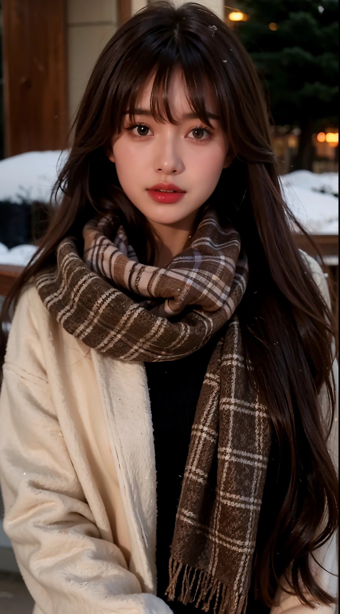 Close-up of a woman wearing a scarf and a coat, brown bangs hair, brown hair and bangs, 1 busty girl,winter time,with fair skin,23-year-old girl,face to the viewer,Manteau blanc