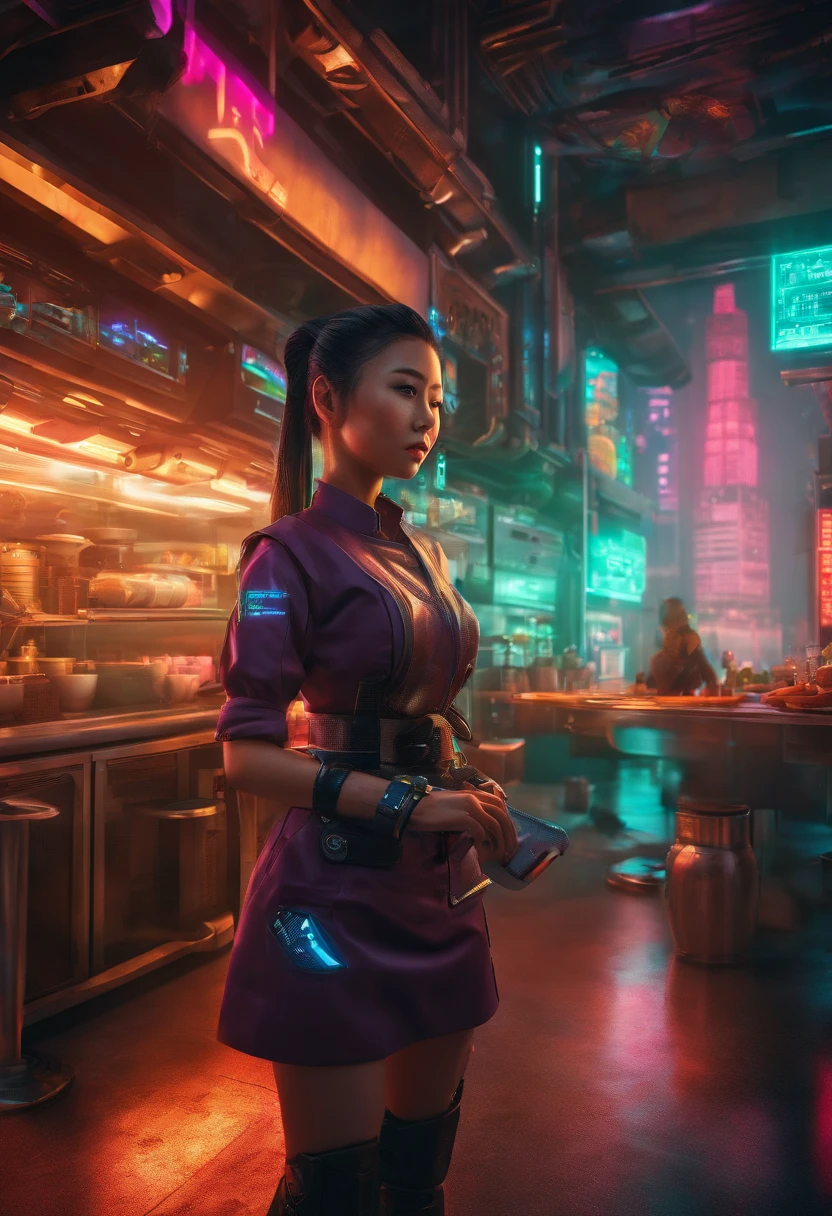 a young asian girl cyborg working as a chef in a futuristic restaurant, dark and gloomy, intricate details, interesting perspective, hdr