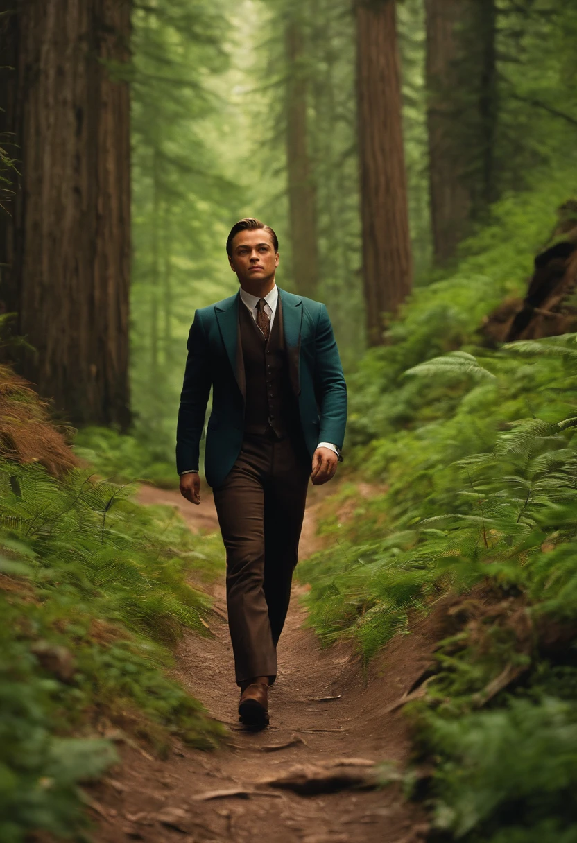 The image is of Di Caprio exploring a scenic hiking trail, surrounded by towering trees and breathtaking mountain views.,original,Very handsome young Leonardo Di Caprio