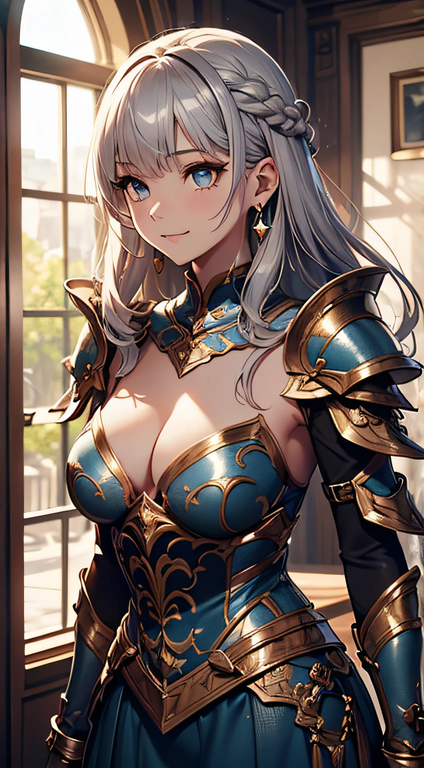 (offcial art、Best quality、Unity 8k壁纸、32K、tmasterpiece、ultra - detailed、超高分辨率、actual、真实感)、(电影灯光:1.2)、Fire glow effect、The best shadow、Side shot、Side Body、edge lit、side lights、(Ultra-detailed and complex 3D renderings)、Delicate beautiful face and eyes、Sharp pupils、realistic student、The slender one、1maam、large bust、beauitful face、Beautiful girl of 、(Ultra-delicate skin、detailed skin textures:1.3)、(Silver blonde、Blue-silver hair:1.3)、holy paladin、Long hairs、bluntbangs、Green-eyed、3 braids 1 bundle、(blue armor、Blue boots、Blue helmet、inlaid gemstones、gold embroidery)、The slender one、long skirt、(upper legs, upper legs, upper legs:0.8)、(Colorful、like a dream:1.2)、(like a dream:1.3)、(Side Body、DOA)、(look away、sima bay:1.3)、like a dream、innocent smiles、medium lysis, 21yo, sexy for, largeeyes, Wear diamond earrings, camisole, taking a shower