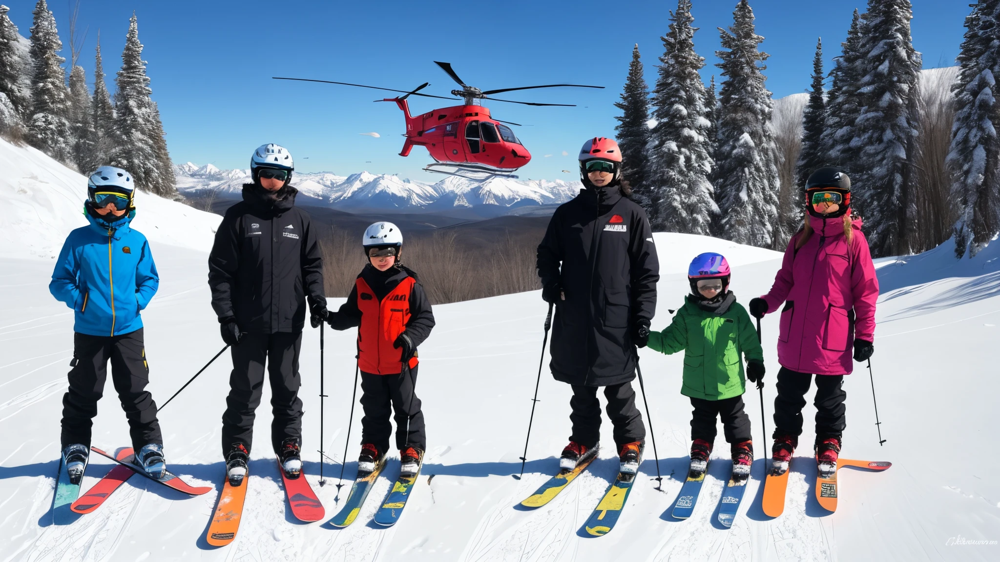 Create a coat of arms for my family. We are two parents and a 12 year old boy. Dad has white short hair, mom has black long curly hair, and son has short hair. We are based on adventure and unity and enjoy ranching, hunting, flying helicopters. Mom and dad ski, and son snowboards. We also fish and dirtbike. Please include all of this in your design