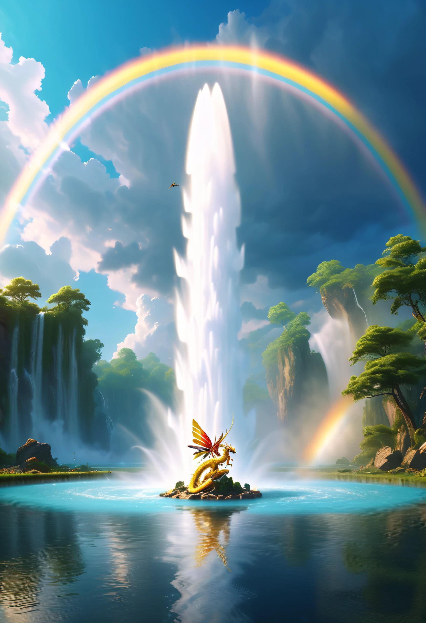 tmasterpiece，UHD resolution，8K，Cinema lenses，Water spurts from the ground，Water column flies towards the rainbow，The golden dragon flies around the water column，The magical power of nature，Epic surrealism，epic nature dream，Epic natural fountain fantasy
