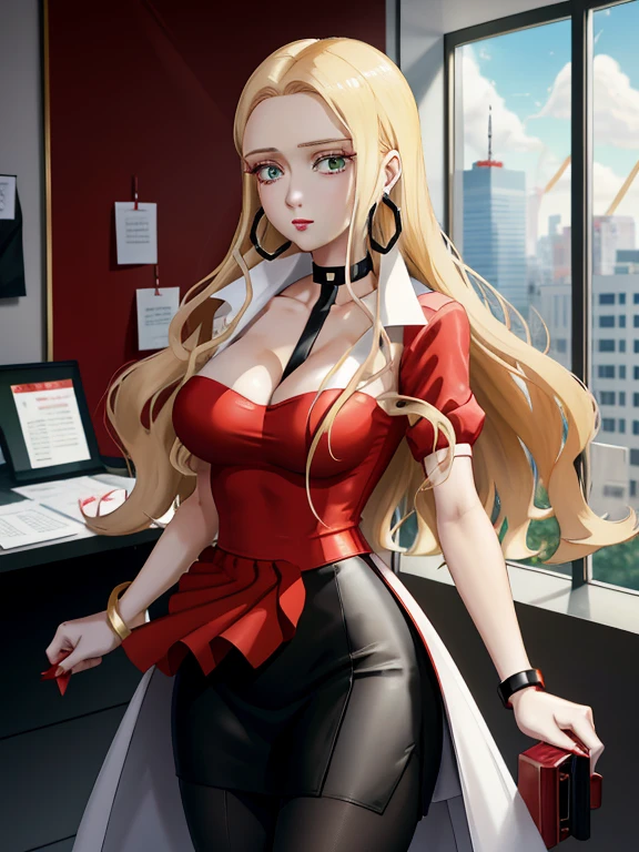 "Oleana from Pokemon, wearing a red shirt, with a hint of cleavage, in a black skirt and pantyhose. She has a white coat, well-done makeup, lipstick, and is styled in a pencil skirt. Completing her look is a choker and hoop earrings. She is depicted solo and the setting is in a corporate office."