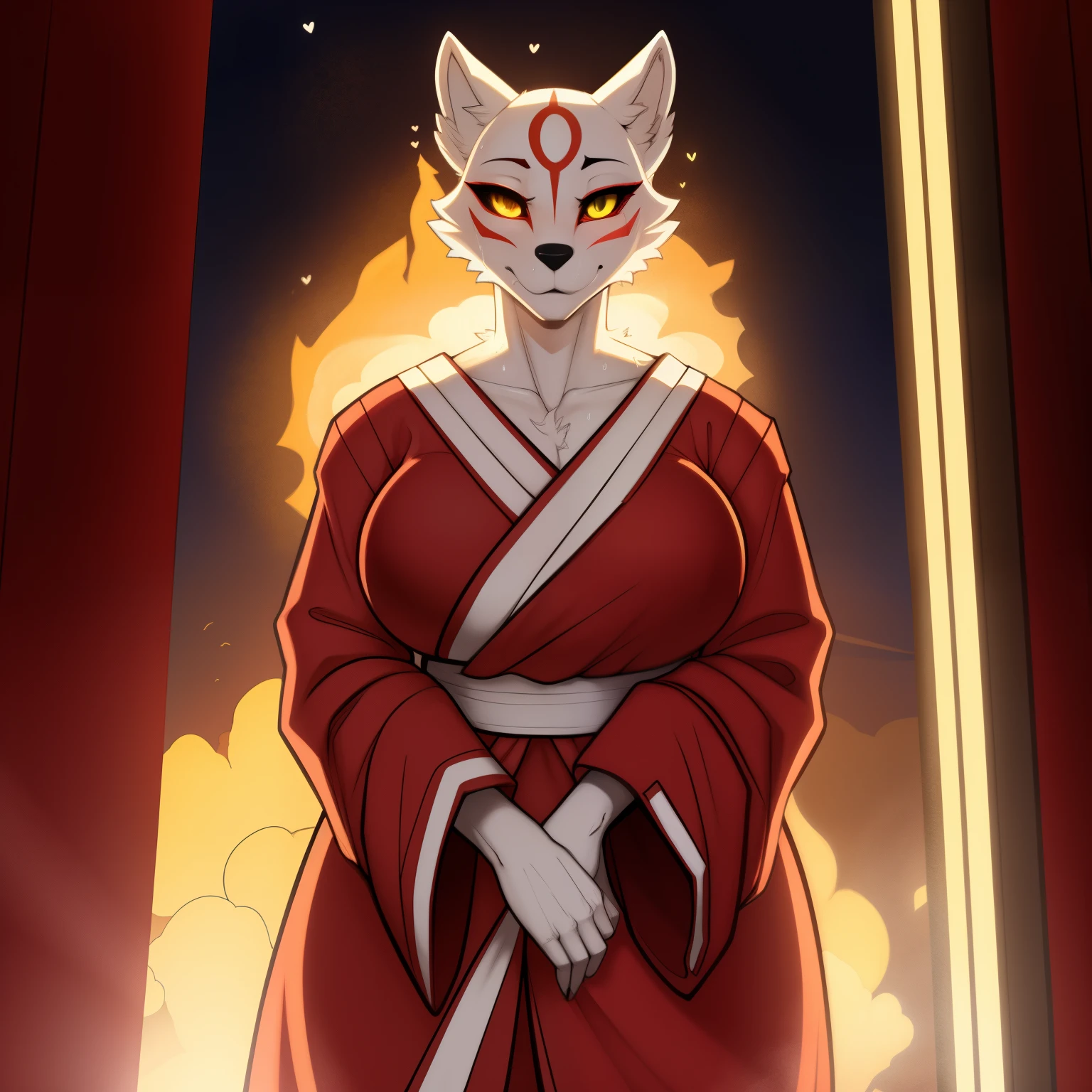 Tall_lanky_mature_slighty_chubby_Amaterasu female full_breasts white_furry_body yellow_eyes very_fluffy misty_breath sweating blushing japanese_robes solo Masterpiece best_quality absurdres highly_detailed cleanly_drawn_eyes anthro_only by_claweddrip, by_greasymojo, by_underscore-b, by_runawaystride