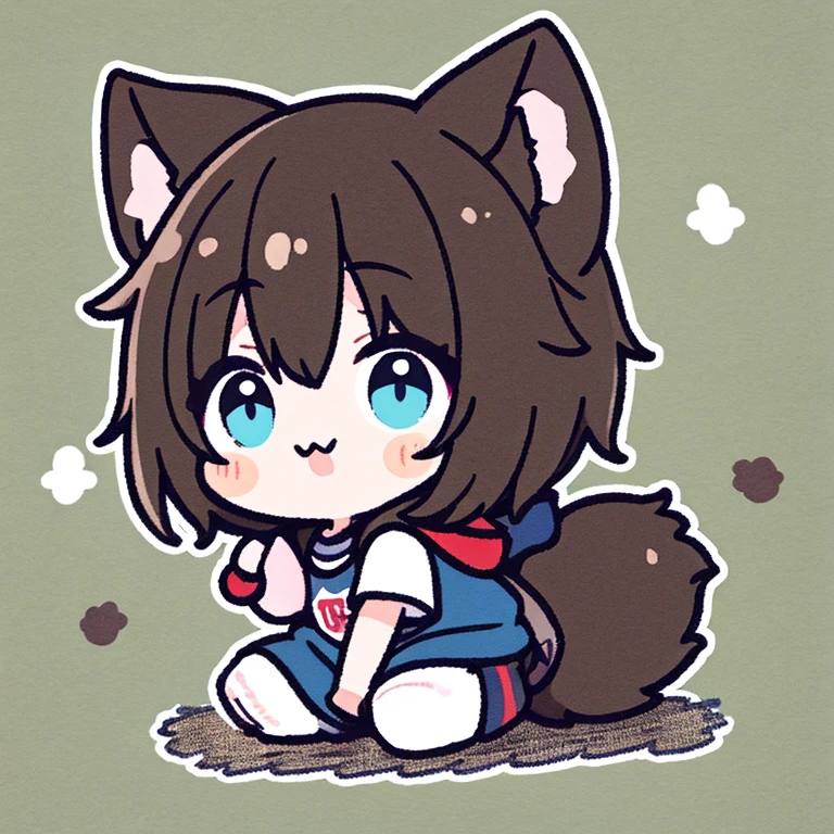 Chibi Chara、1girl in、dog ears、Dog tail、独奏、dog girl、Brown hair、blue eyess、Little Red Riding Hood's clothes