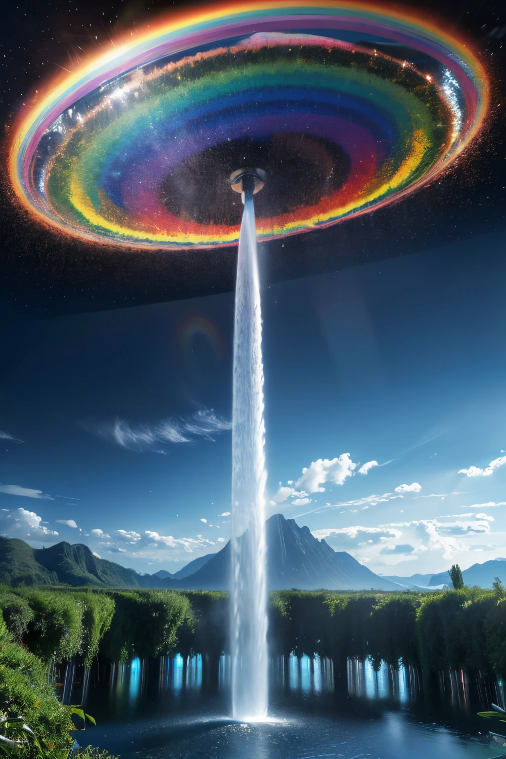 tmasterpiece,UHD resolution,8K,Cinema lenses,Water spurts from the ground,Water column flies into the sky,refracted rainbow,The magical power of nature,Epic surrealism,epic nature dream,Epic natural fountain fantasy