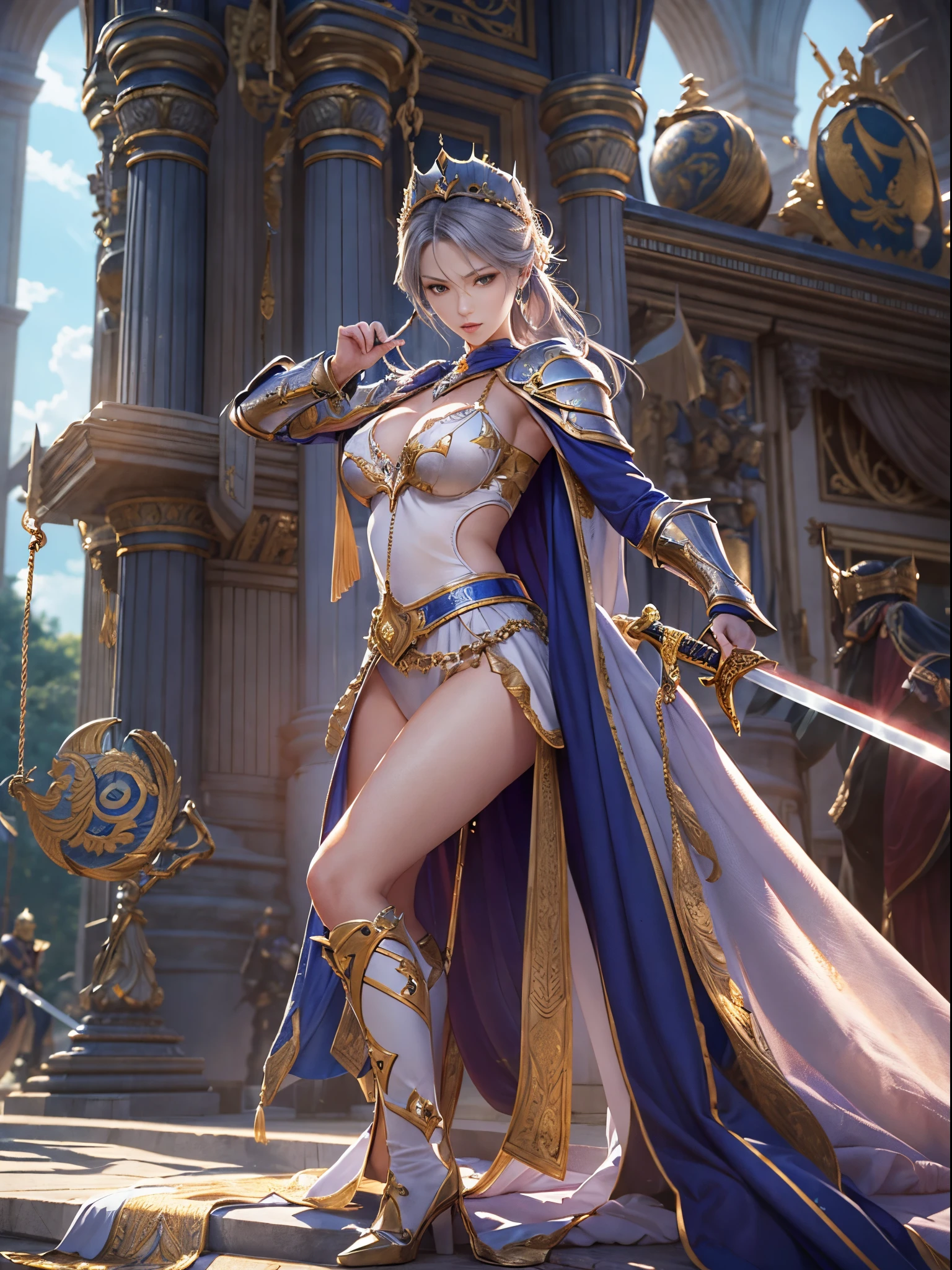 ((Emperor&#39;Knights、A beautiful woman swinging a sword))8K、An ultra-high picture quality、Ultra-realistic details、3d rendered、sharp gaze、Beautiful behavior、Toned body、large full breasts、Clothes with wide open chests、Shining sword、