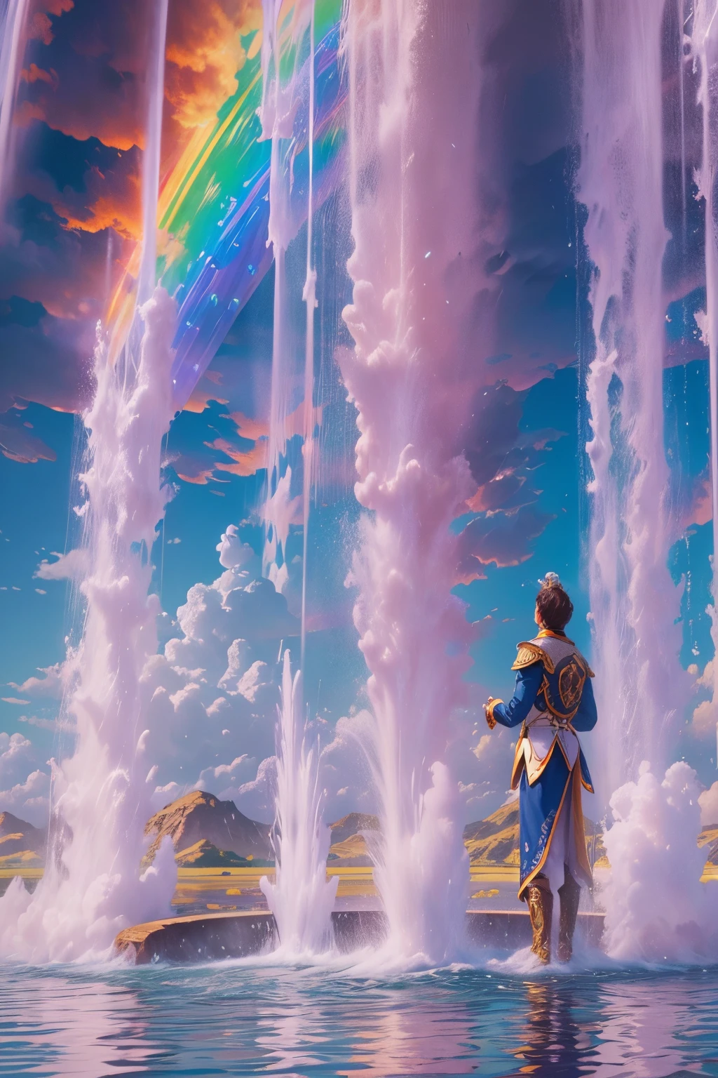 tmasterpiece,UHD resolution,8K,Cinema lenses,Water spurts from the ground,Water column flies into the sky,refracted rainbow,The magical power of nature,Epic surrealism,epic nature dream,Epic natural fountain fantasy
