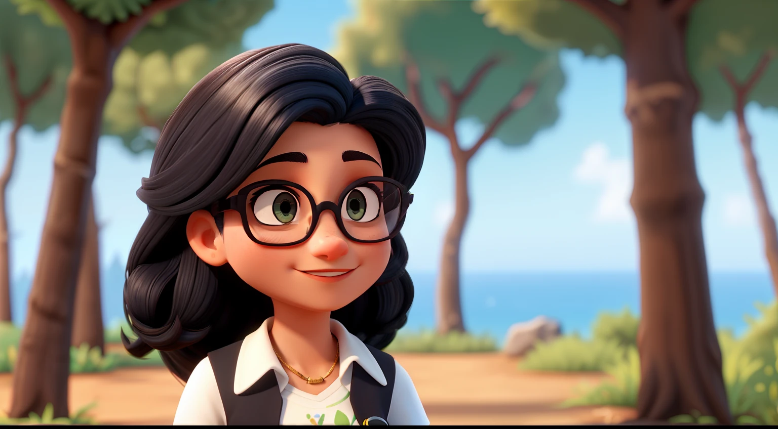 Uma mulher, 33 anos, cabelo preto liso, amarrado e preso. Olhos castanhos, wears glasses, appearance would be. Ambiente; in a forest with trees and bushes. Tipo Disney