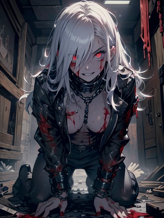 CUM ALL OVER, TIT FUCK, masterpiece, best quality, 1 girl, supine, kneeling, pale skin, messy hair, red eyes, glowing eyes, creepy, creepy smile, crazy expression, blood on face, blood on clothes, naked, creepy, scary, blood, horror, light particles, night, iron bracelets with chains