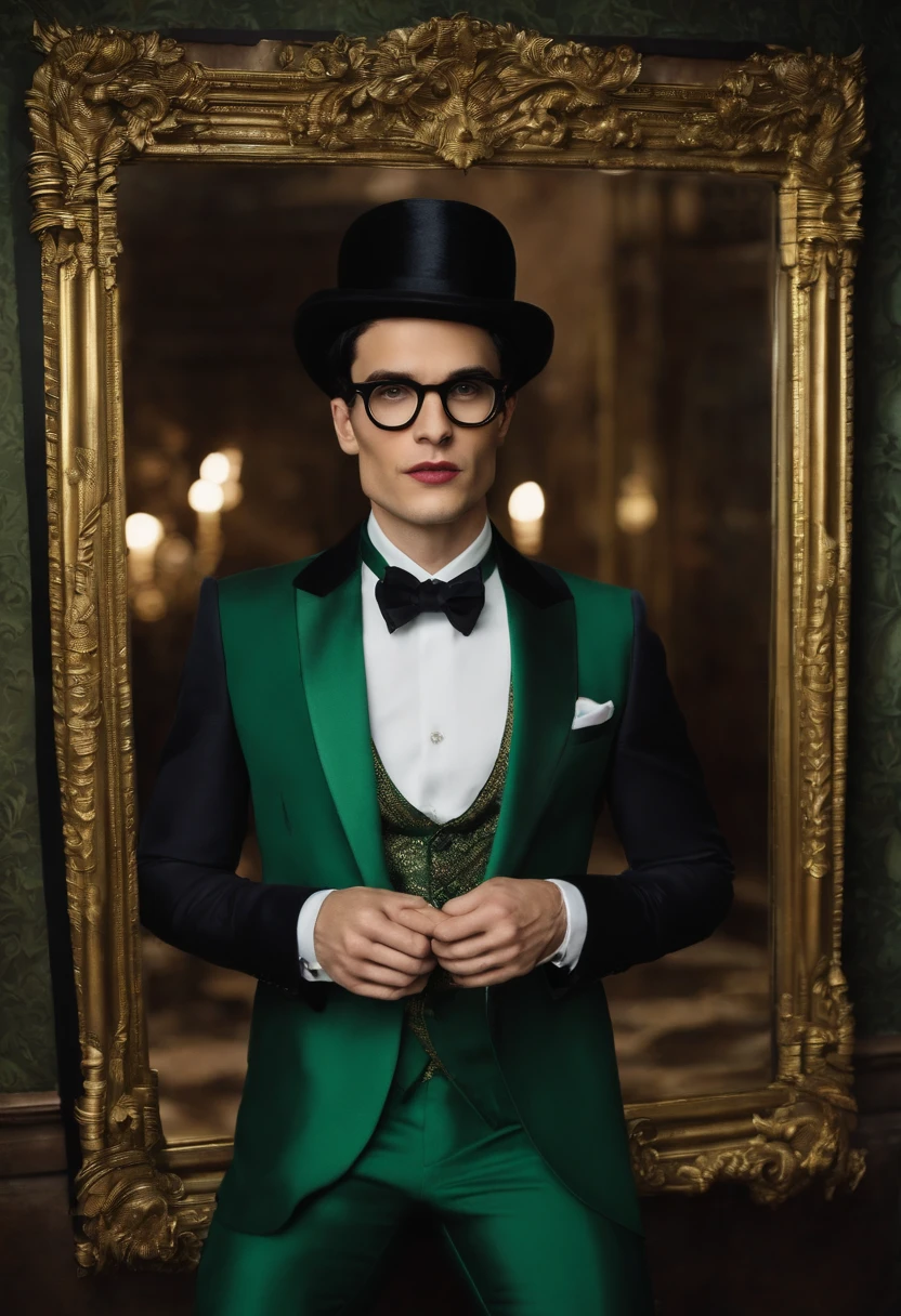 An ornate, antique mirror with intricate carvings and a mysterious reflection,Batman,Ed is tall with neat black hair, glasses, wears a green suit, wears a bowler hat, famously portrayed by Cory Michael Smith