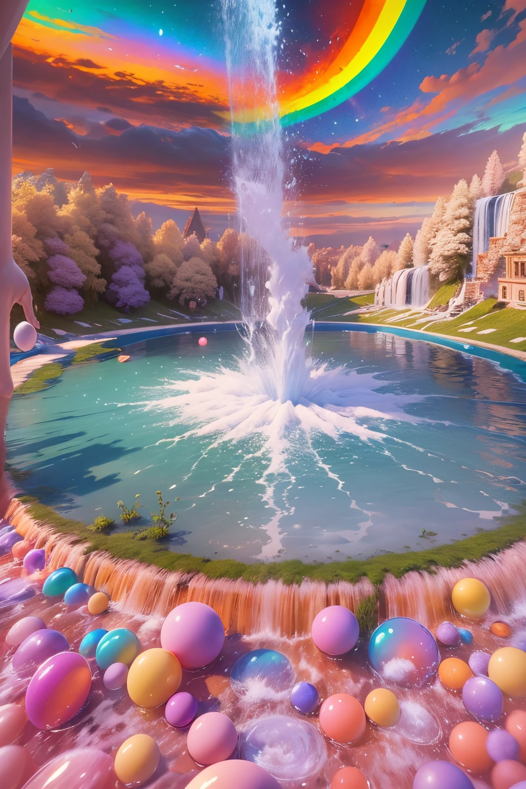 tmasterpiece，UHD resolution，8K，realistically，Very realistic，Cinema lenses，Water spurts from the ground，Splashes fly into the sky，refracted rainbow，The magical power of nature，Epic surrealism，epic nature dream，Epic natural fountain fantasy