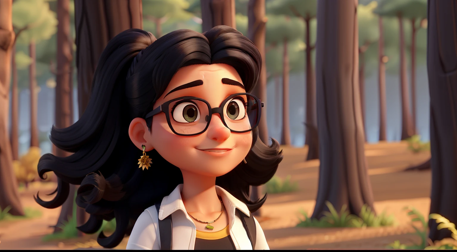Uma mulher, 33 anos, cabelo preto liso, amarrado e preso. Olhos castanhos, wears glasses, appearance would be. Ambiente; in a forest with trees and bushes. Tipo Disney