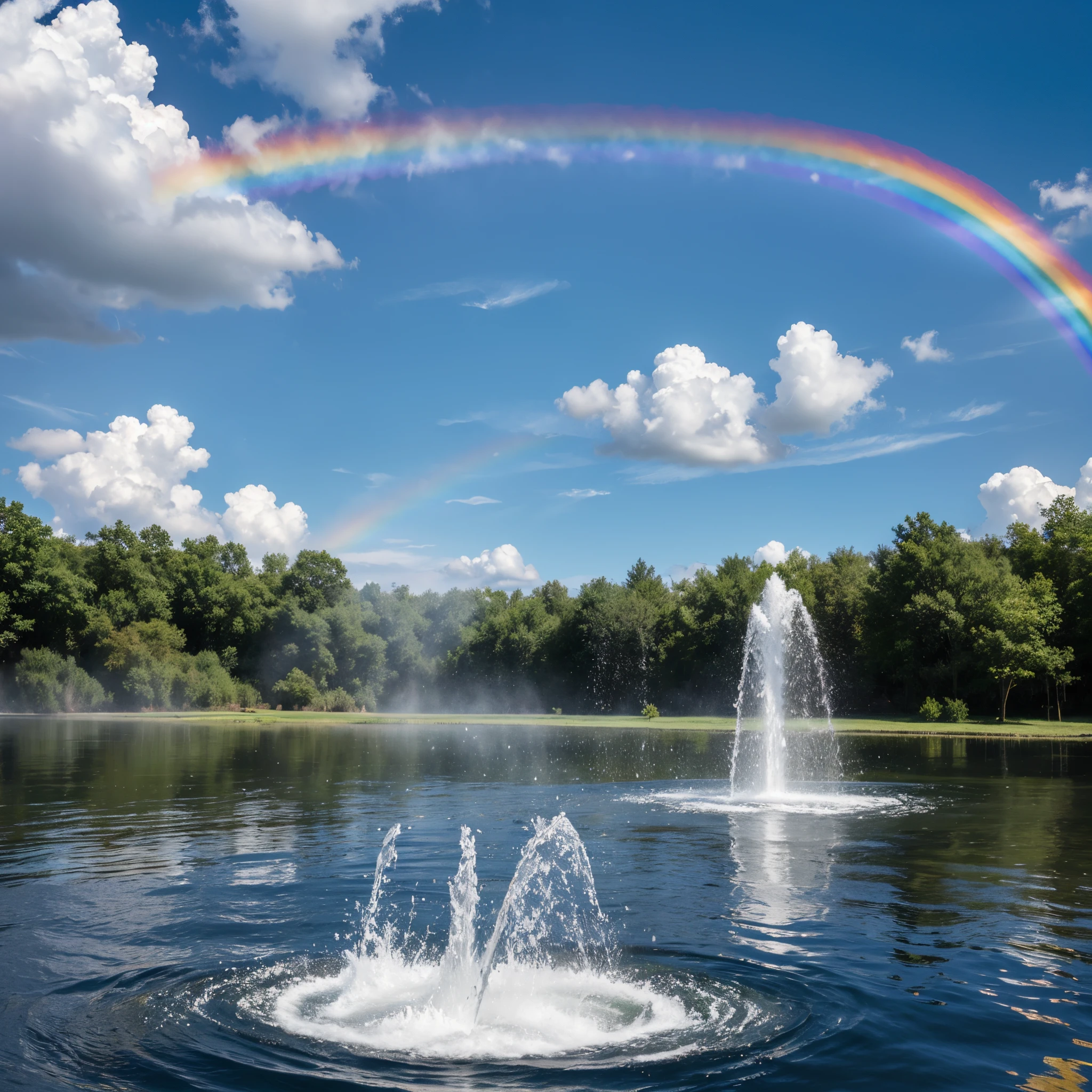 Water spurts from the ground,Splashes of water fly into the sky,Reflecting the seven colors of the rainbow