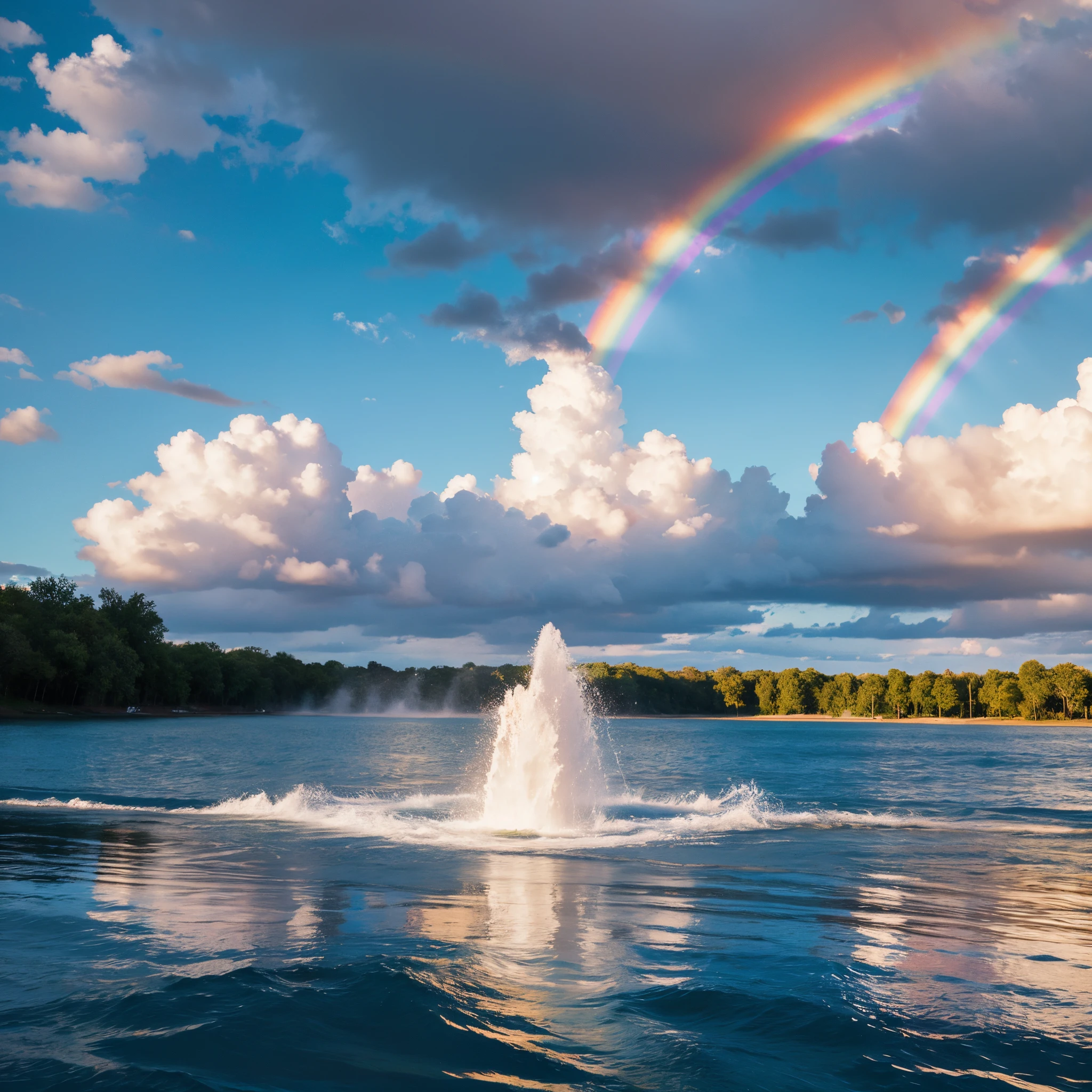 Water spurts from the ground,Splashes of water scatter into the sky,Reflecting the seven colors of the rainbow