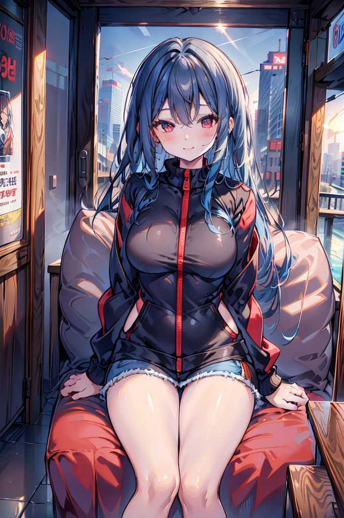 Around 24 years old, with medium-length blue hair and red eyes, a girl proudly smiles in victory. Cheeks flushed, she wears an open-front red zip-up hoodie, exposing her bare skin underneath. On her lower half, she dons a gray miniskirt and holds a beer glass in one hand while seated on a sofa with her legs crossed