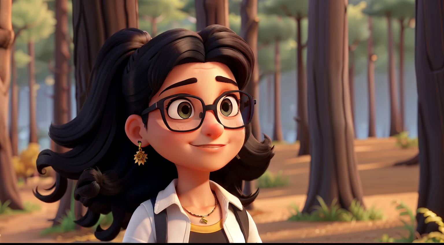 Uma mulher, 33 anos, cabelo preto liso, amarrado e preso. Olhos castanhos, wears glasses, appearance would be. Ambiente; in a forest with trees and bushes. Tipo Disney