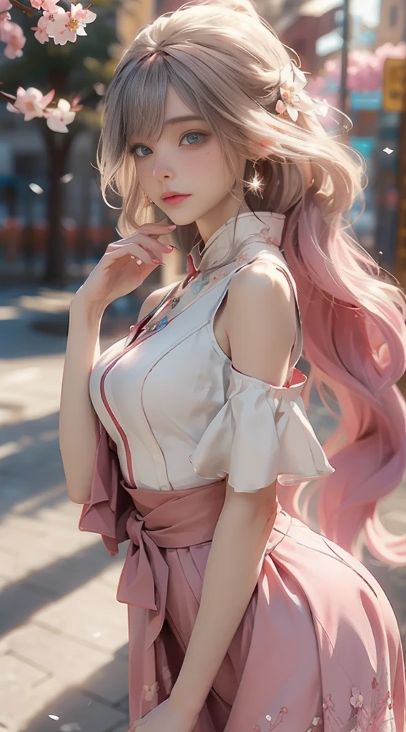 photorealistic, high resolution, 1 girl, white hair, hips up, yae miko, detached sleeves, bare shoulders, pink hair, long hair, best quality, (hair ornament:1.35), jewelry, purple eyes, earrings, tail