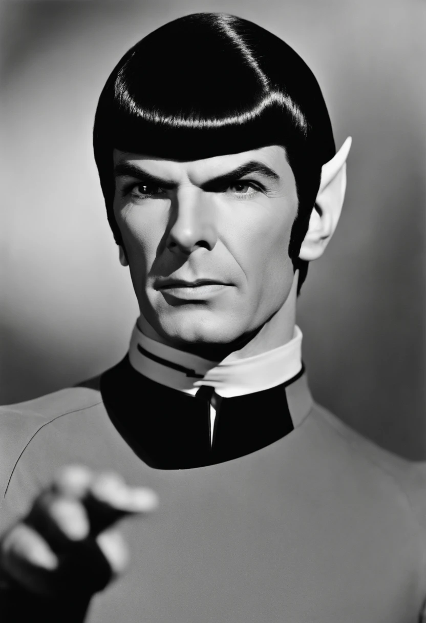 A photo of Spock at the Vulcan Philosophy Institute, engaged in a debate with fellow Vulcan scholars.,Star Trek,Spock, the iconic character from “Star Trek,” is distinguished by his unique Vulcan appearance: sharp, angular features, with notably pointed ears and slanted eyebrows, often complemented by his calm, composed expression. His hair is typically cut in a precise, straight style, adding to his orderly and logical demeanor.