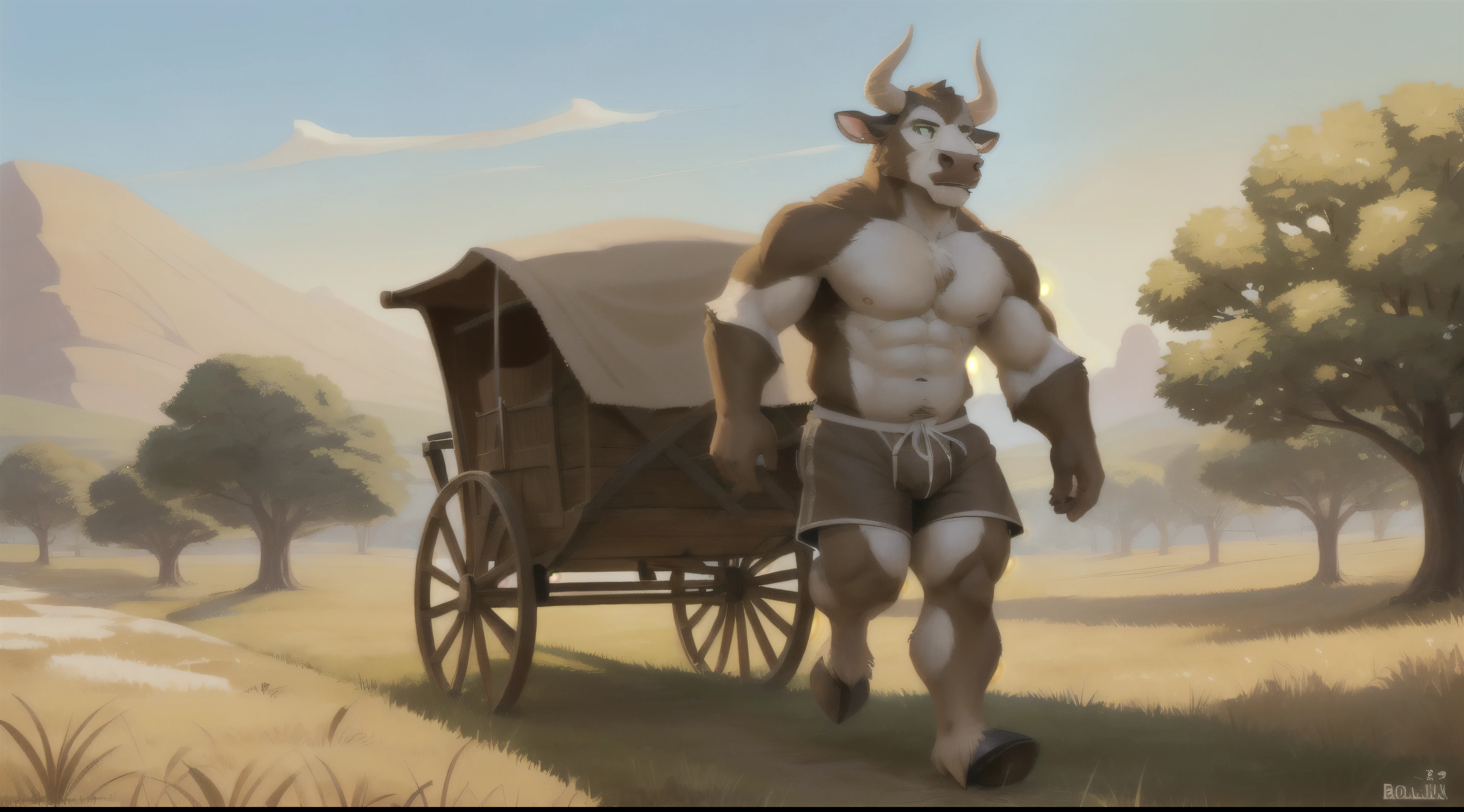 an anthropomorphic bull-man is escorting a four-wheeled wagon across a grassy field during the day, ((solo, walking, pulling, looking ahead)), male, ((anthro, bull-face, medium-length horns, tan colored horns, bovine tail, muscled body, hooves, two-tone fur, detailed fur, brown and white furred body)), calm expression, (green eyes, rein, girth, (loose tan medieval shorts)), grasslands background, small village background, large tree background, canvas covered wagon