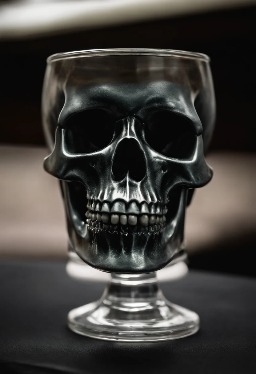(best quality，4k，8k，highres，masterpiece:1.2)，ultra-detailed，(realistic，photorealistic，photo-realistic:1.37)，glass sculpture，skull-shaped，crystal-clear glass，fragile，elegant，fine details，master craftsmanship，exquisite design，highly intricate，delicate balance，translucent，reflective surface，subtle patterns，sublime artistry，metaphorical，mysterious fascination，play of light and shadow，ethereal vibe，hauntingly beautiful，pure aesthetics，sublime beauty，macabre elegance，luxurious feel，tactile texture，sublime balance，dark elegance，contrast between life and death，transparency，delicate crafting，polished edges，striking form，ceramic base，contrast between fragility and strength，unique charm，gothic allure，ghostly Skull Head Glass Cup，allure，epitome of artistry，impressive craftsmanship，marvelous masterpiece，majestic yet delicate，uniquely haunting，mesmerizingly eerie，exquisite resonance，embodying the enigmatic，artistic excellence，unveiling the mysteries of time,