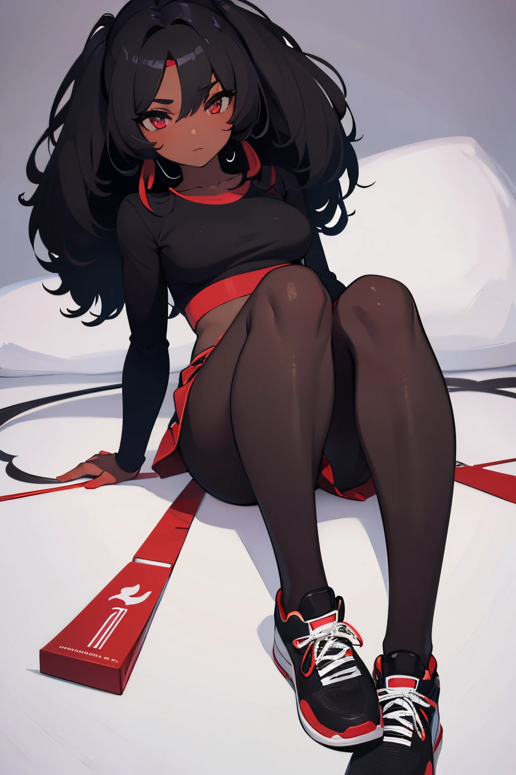 mujer adulta, pelo negro, ojos rojos, tenis blancos, cuerpo completo