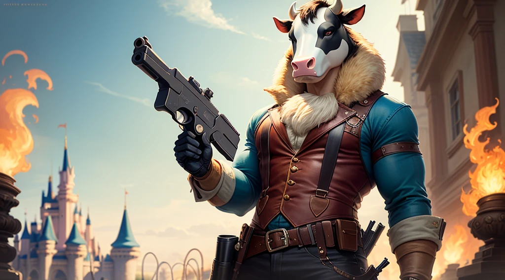 a man in a cow mask holding a gun, estilo disney pixer